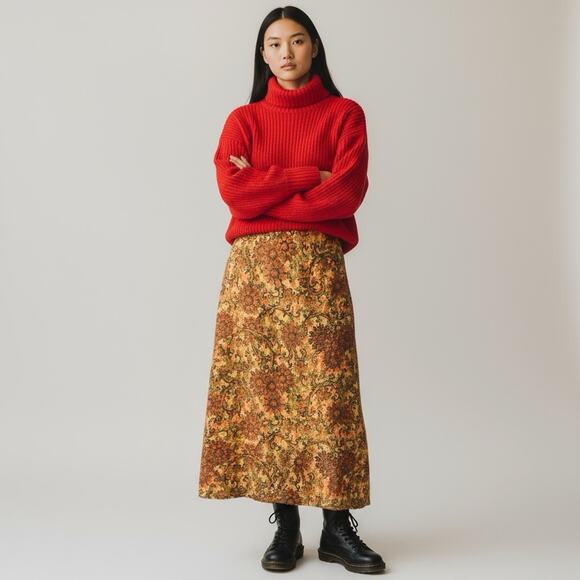 Vintage Handmade Autumn Floral Maxi Skirt | A-Line 70s Boho Lined | 30” Waist M - Picture 7 of 7